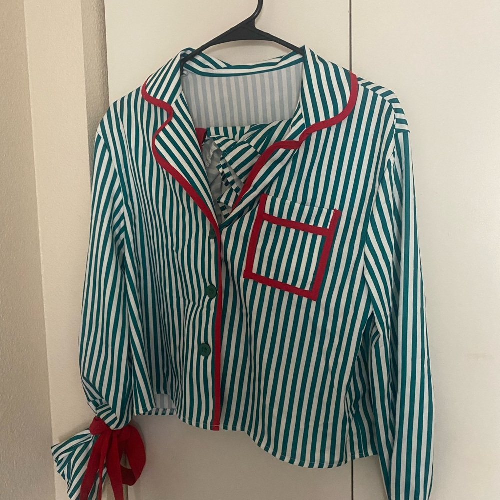 Striped Green and Red silk Pajama Top and shorts